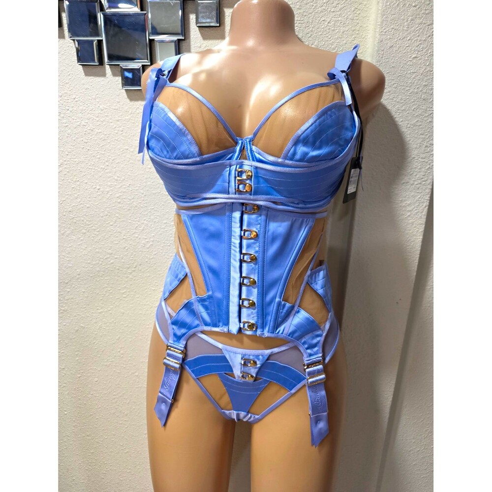 LIVA Blue Sheer Mesh Underwired Lace-Up Bodysuit One Piece S 36DD
